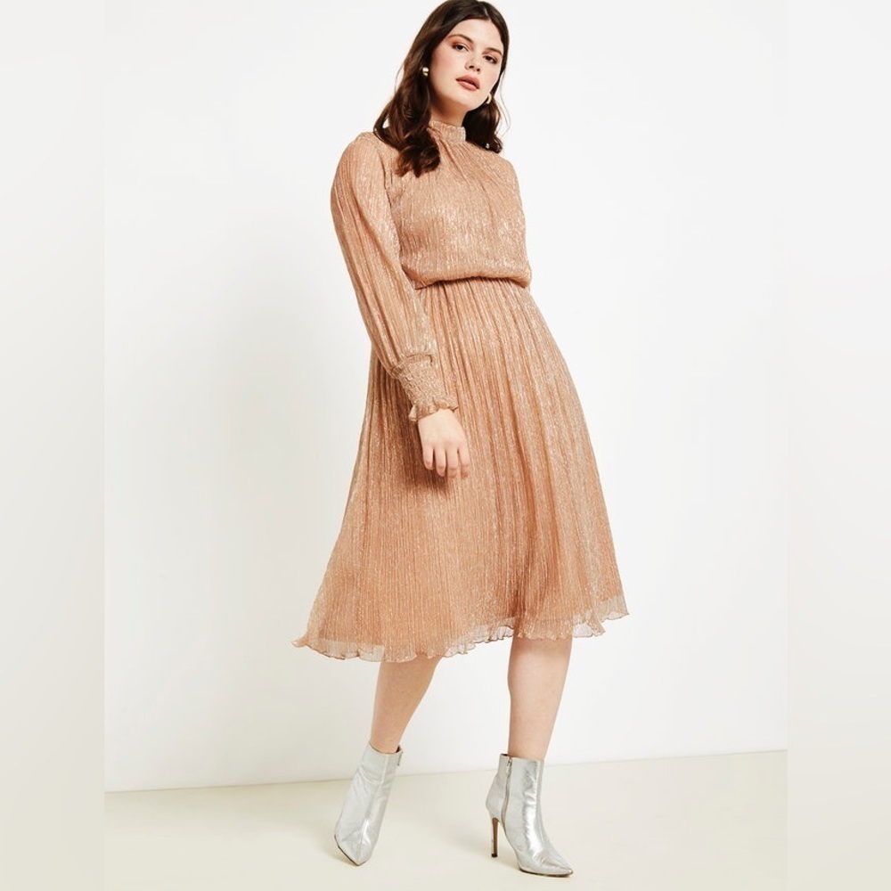 Eloquii Rose Gold Shimmer Pleated Midi Dress Size 14 Holiday Wedding Guest - Picture 3 of 16